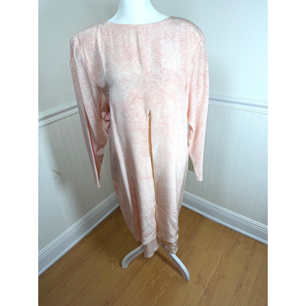 Vintage 100% Silk Shift Dress Women Size L Peach Paisley Rolled Hem Slit
